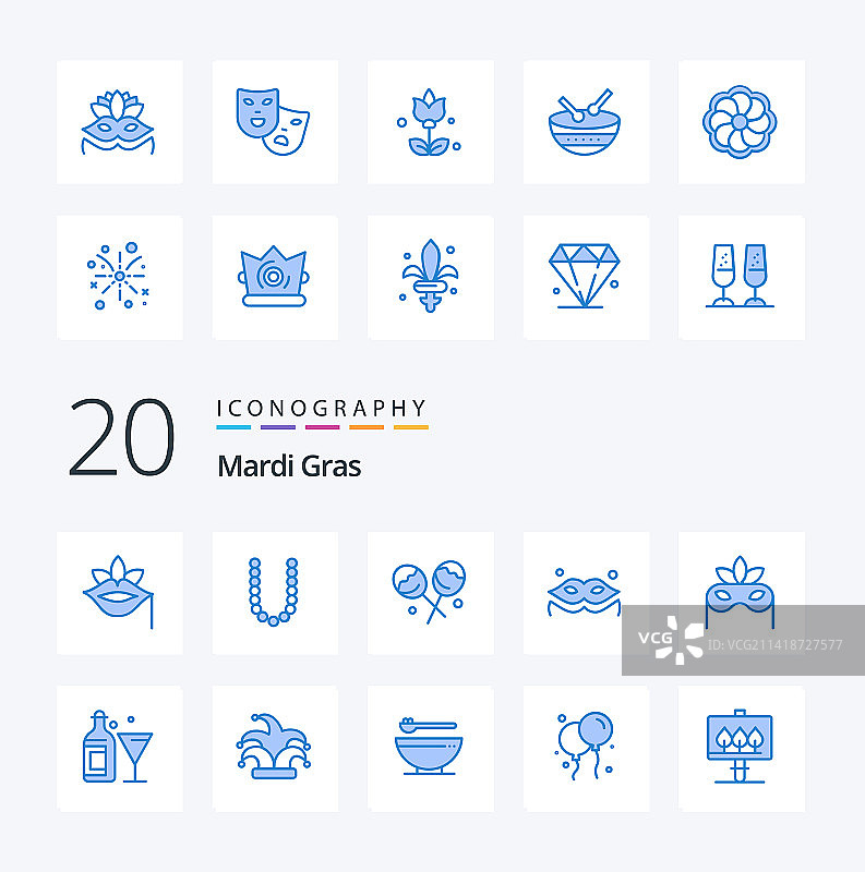 20个狂欢节蓝色图标包，如瓶子图片素材