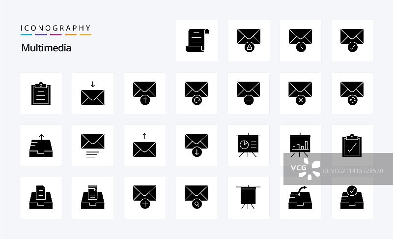 25个多媒体实心字形图标包图片素材