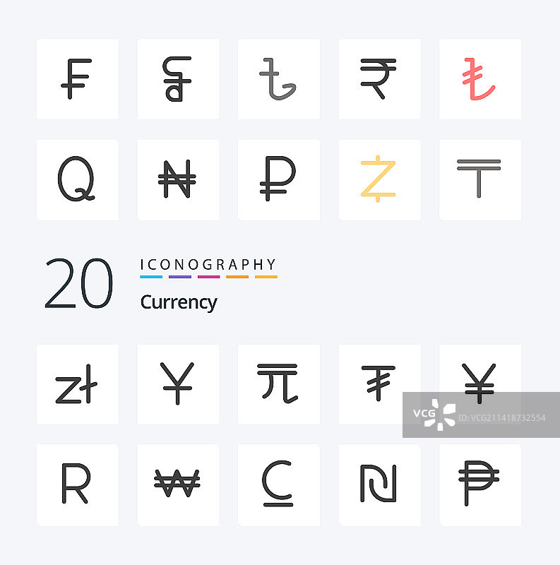 20个货币扁平彩色图标包，如人民币日元图片素材
