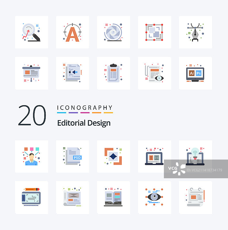 20个社论设计扁平颜色图标包，例如艺术图片素材