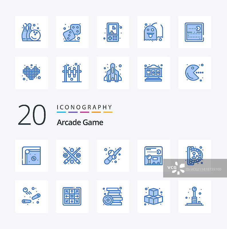 包含20个街机蓝色图标包，如趣味游戏图片素材