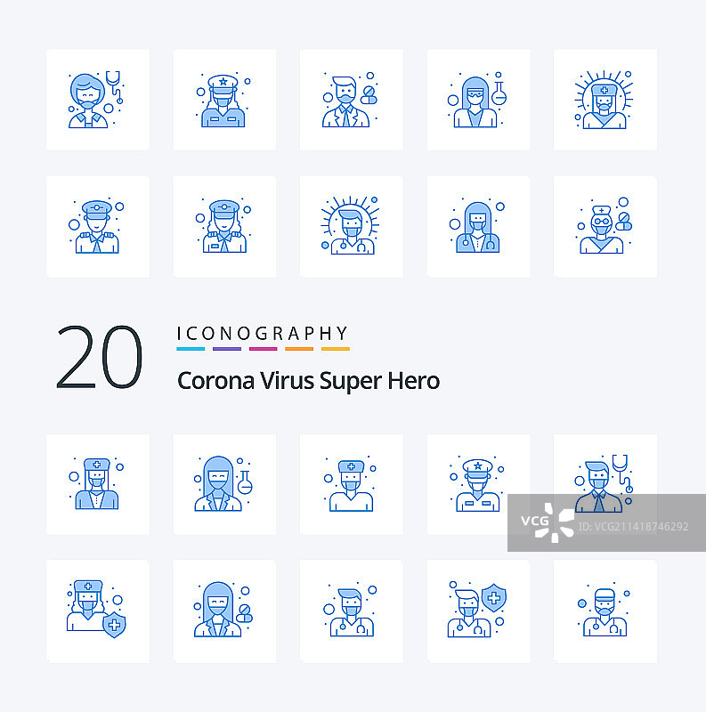 20个新冠病毒超级英雄蓝色图标包图片素材