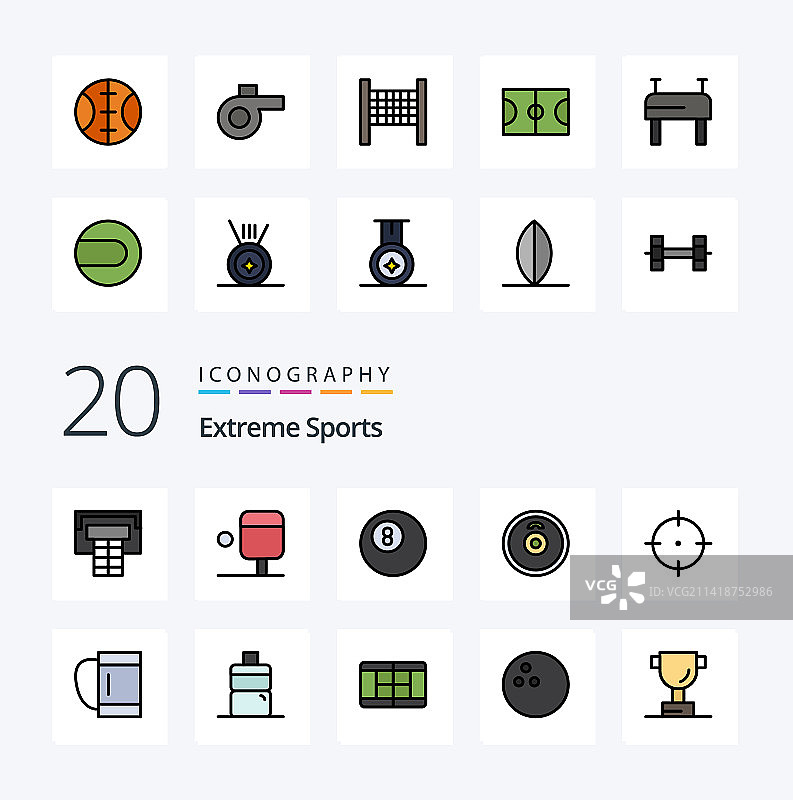 20个运动线条填充风格图标，如球场等图片素材