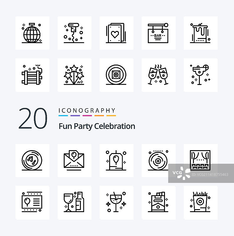 20个派对线性图标包，如庆祝音乐图片素材