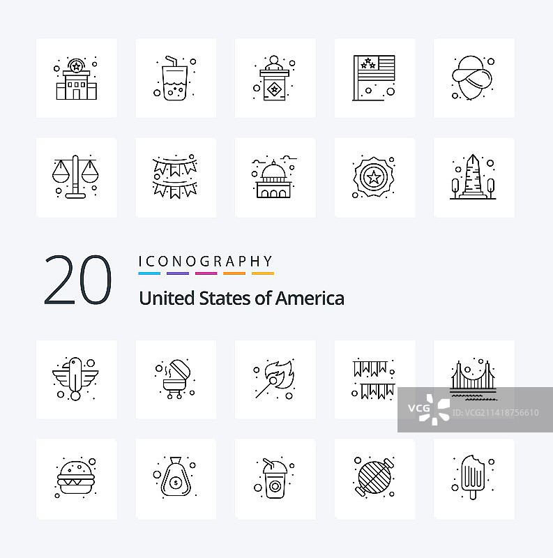 20个美国线条图标包，如桥梁装饰图片素材