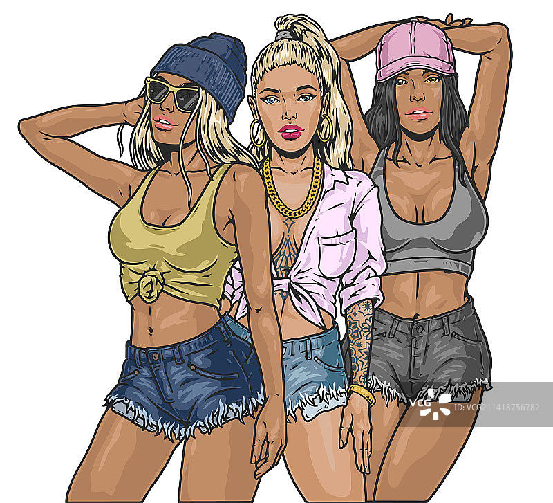 酷炫的女孩友谊彩色速写图片素材