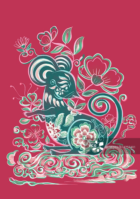 非凡洋红十二生肖中国风纹样-鼠年图片素材