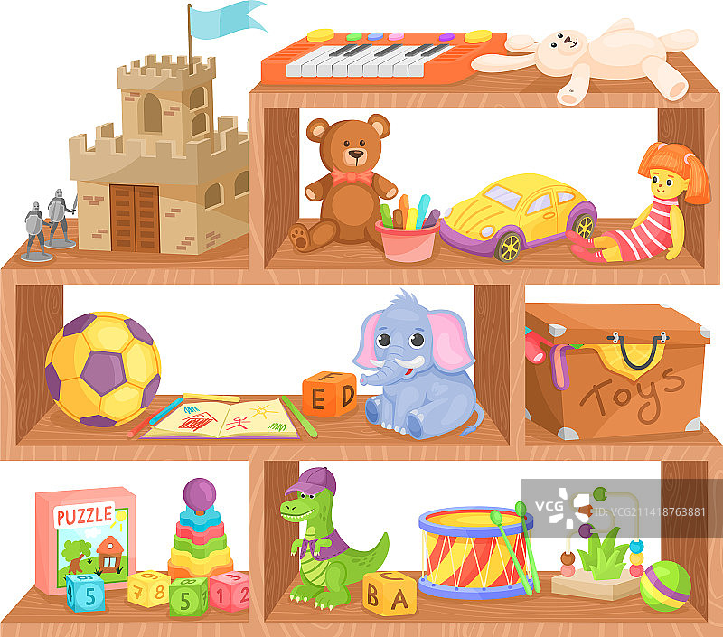 儿童玩具在木制架子上儿童玩具店图片素材