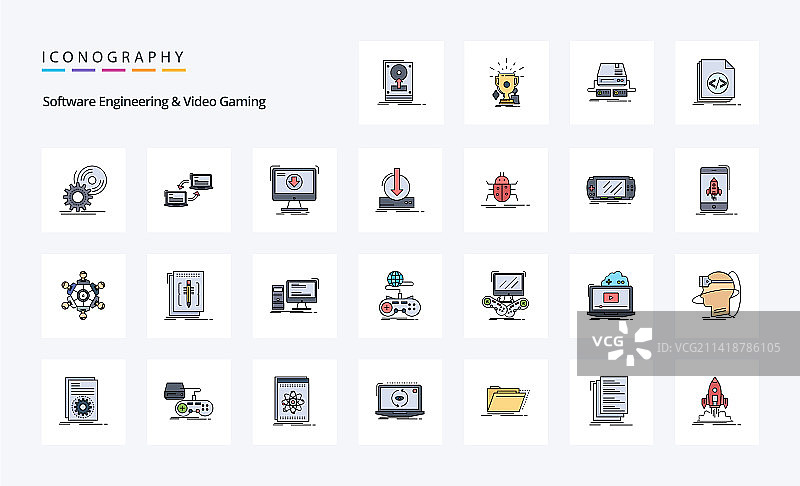 25个软件工程和视频游戏线性图标图片素材