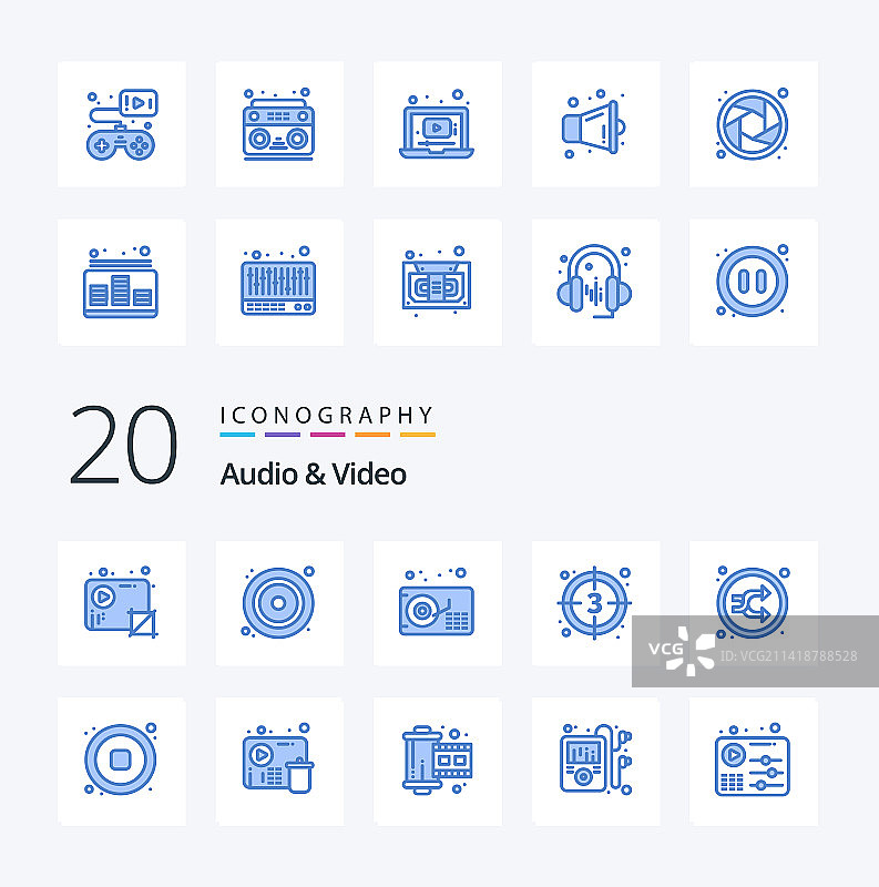 20个音频和视频蓝色图标包图片素材