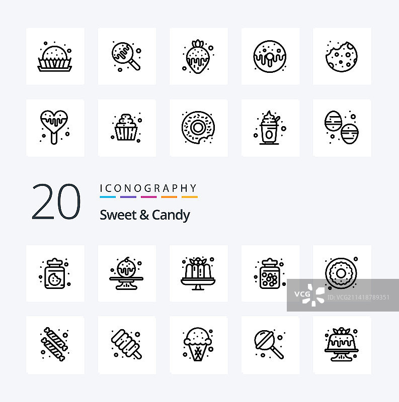 20个糖果甜点线性图标套餐，如食物等图片素材