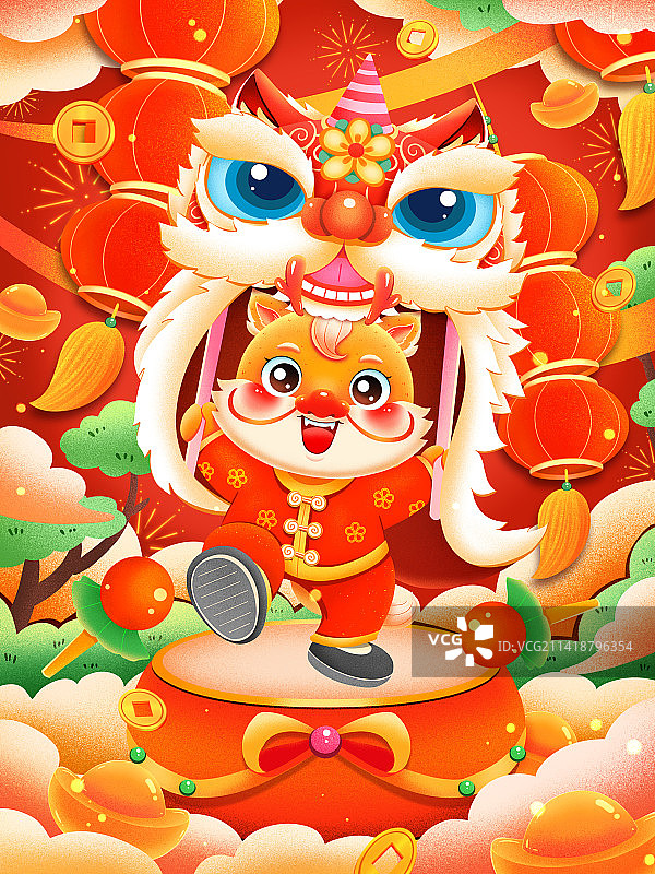 国潮新年春节龙年舞狮的金龙插画图片素材