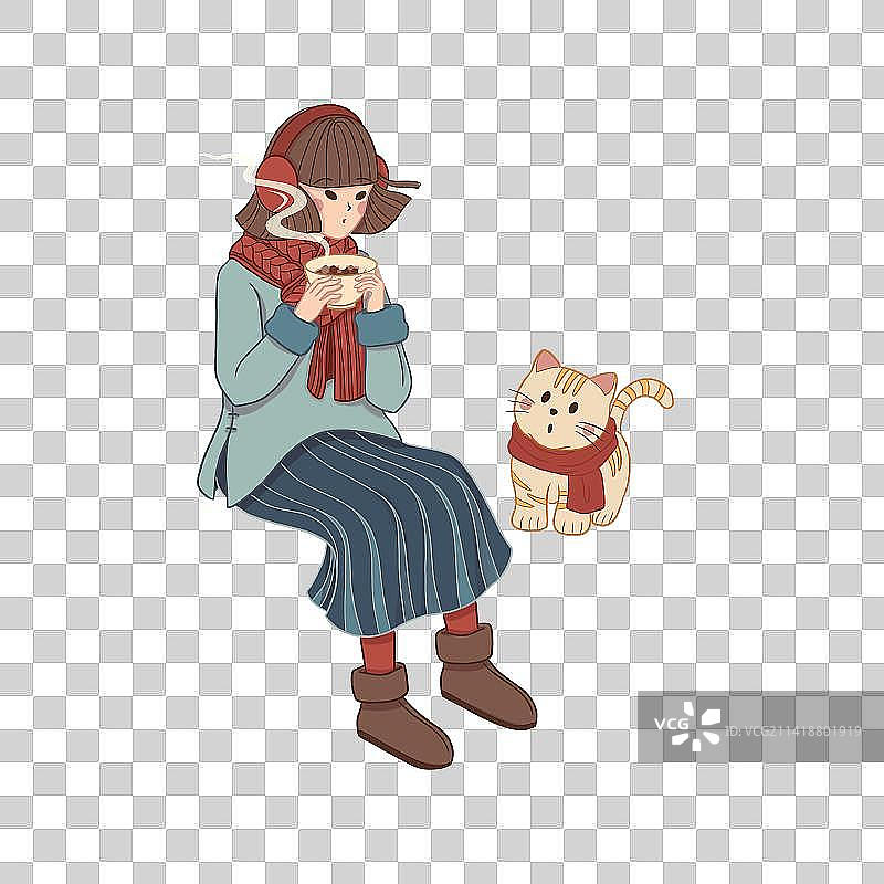 女孩和猫一起喝粥图片素材