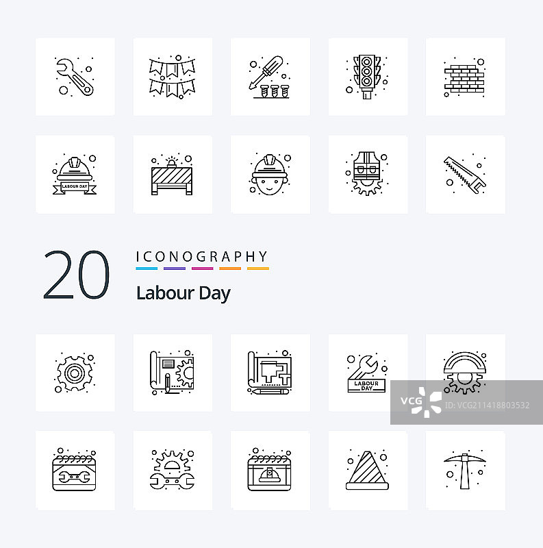 20个劳动节线性图标包，如扳手工程师图片素材