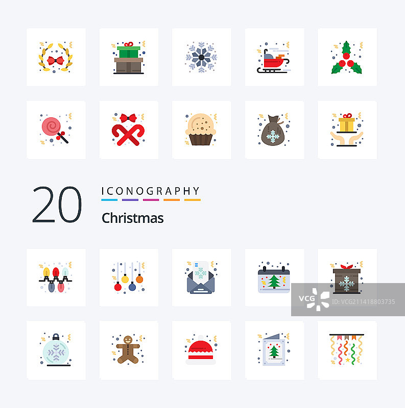 20个圣诞节扁平彩色图标包，如礼物图片素材