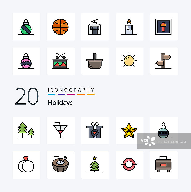20个假日线性填充彩色图标包图片素材