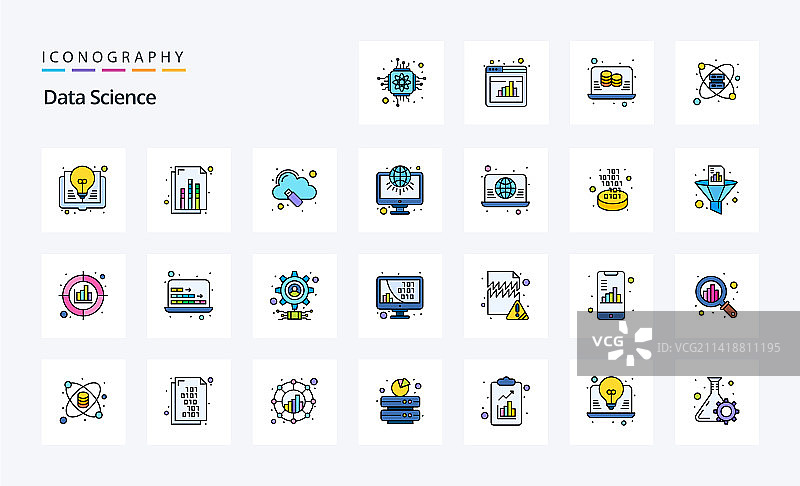 25个数据科学线性填充风格图标包图片素材