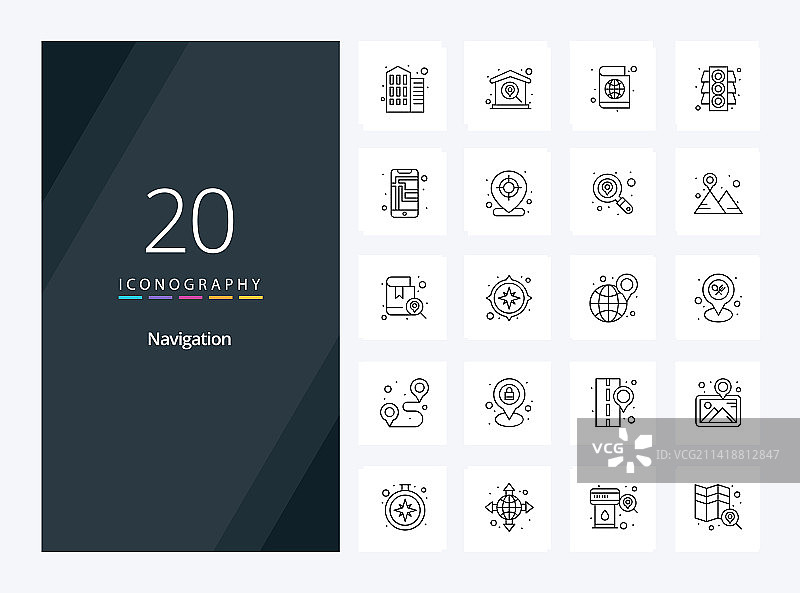 20个导航轮廓图标，适用于演示图片素材