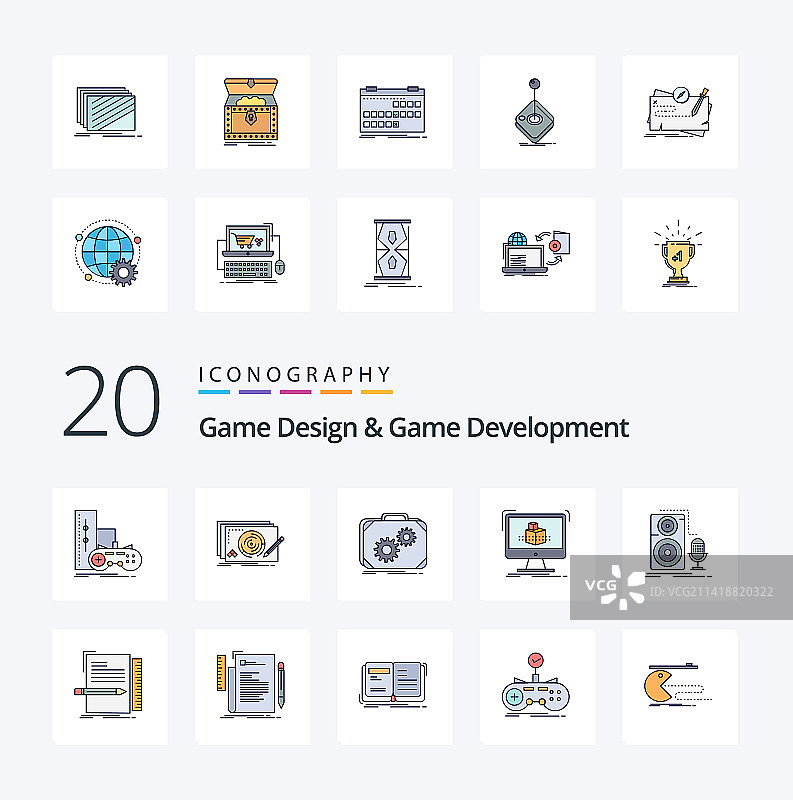 20个游戏设计与游戏开发线性填充图标图片素材