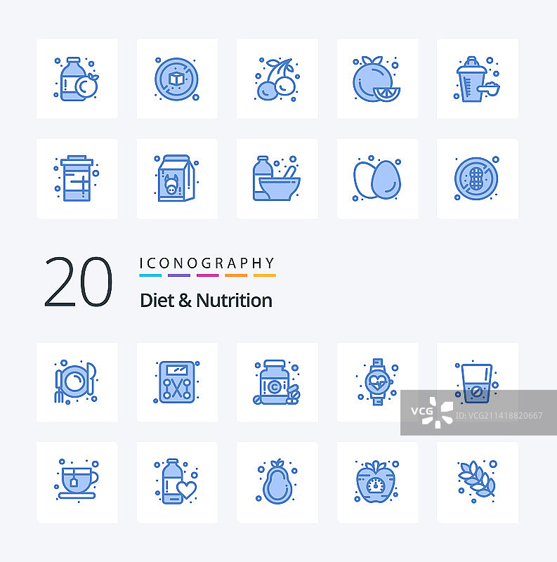 20个饮食和营养蓝色图标包，例如图片素材