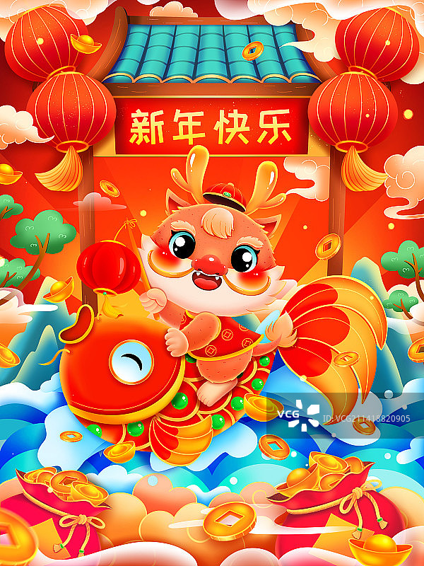 国潮龙年新年春节骑鱼的小龙插画图片素材