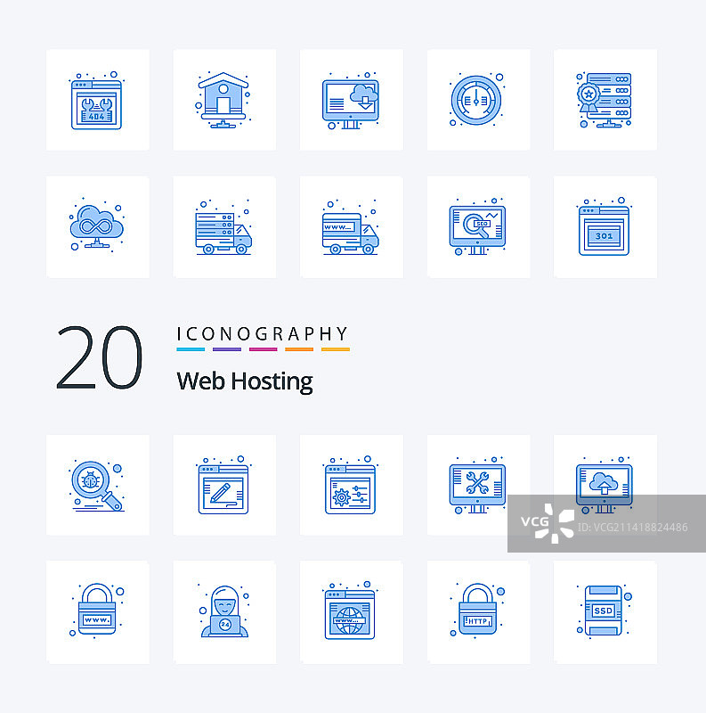 20个Web托管蓝色图标包，如计算机等图片素材