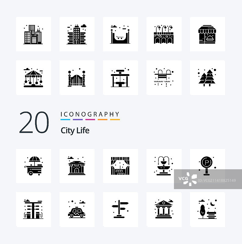 城市生活实体字形图标套装，如城市景观图片素材