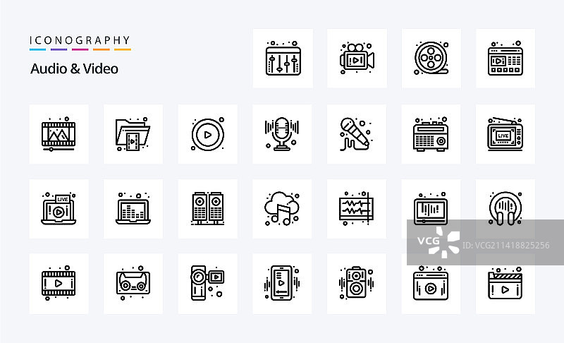 25个音频和视频线性图标包图片素材