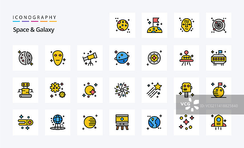 25个太空与星系线性填充风格图标包图片素材