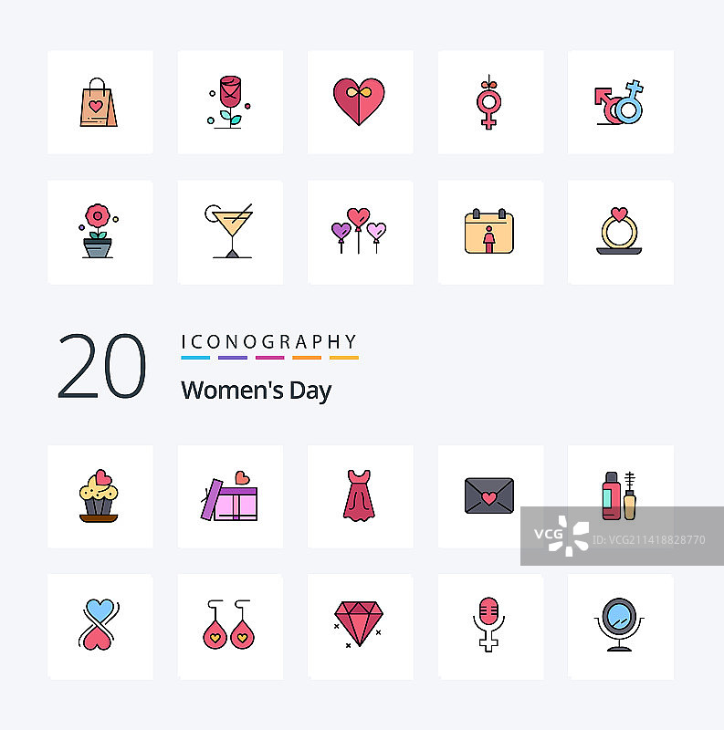 20个三八妇女节线性填充颜色图标包图片素材