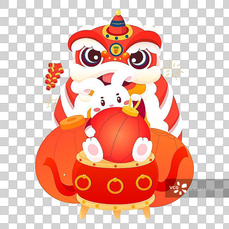 卡通兔子和灯笼、舞狮矢量插画元素图片素材