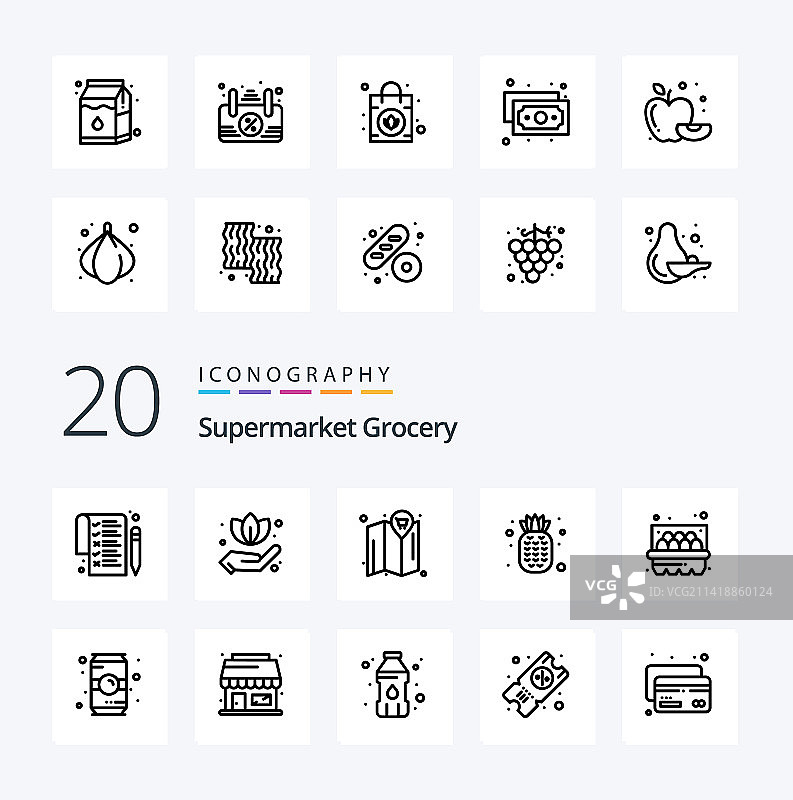 20个食品杂货线性图标包，如咖啡瓶购物车图片素材