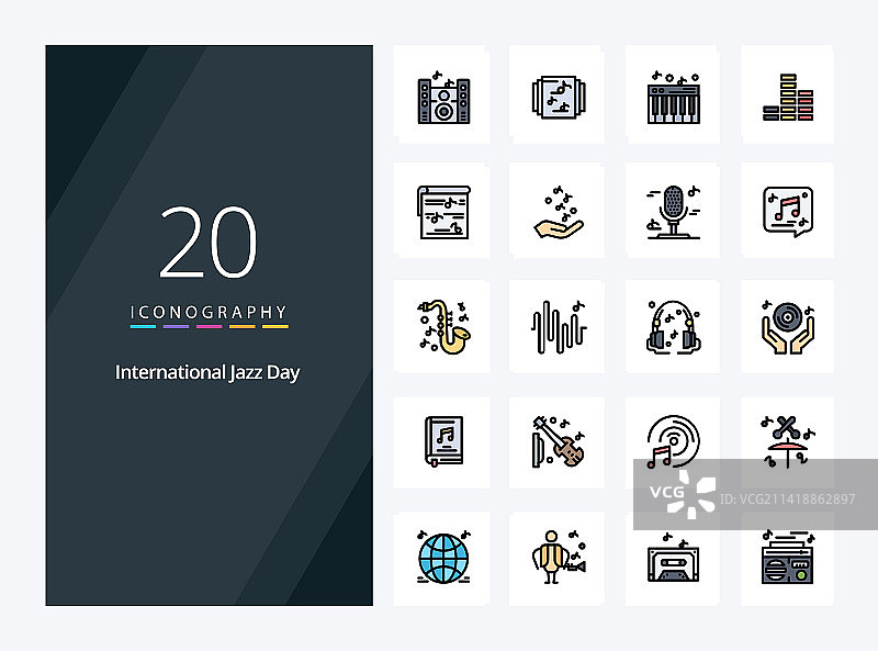 20个国际爵士乐日线条填充图标图片素材