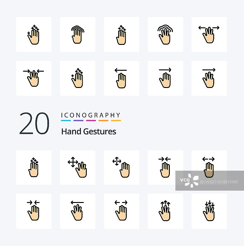 20个手势线性填充彩色图标包图片素材