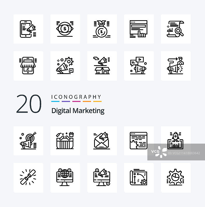20个数字营销线性图标包，如齿轮API图片素材
