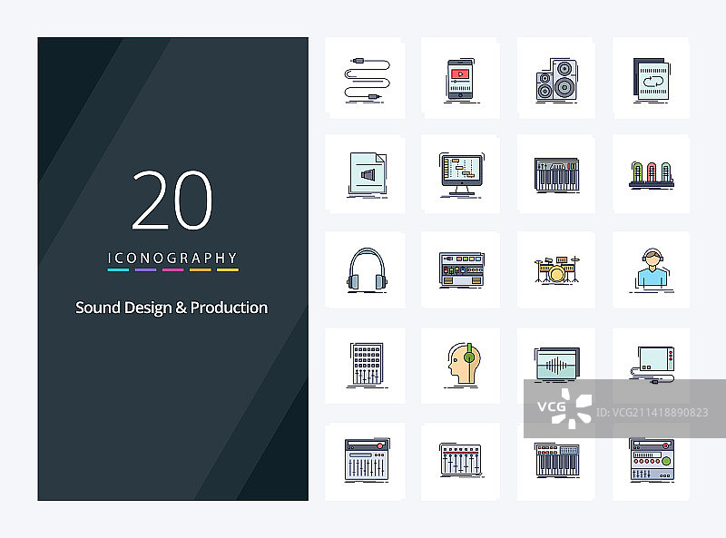 20个声音设计和声音制作线性填充图标图片素材