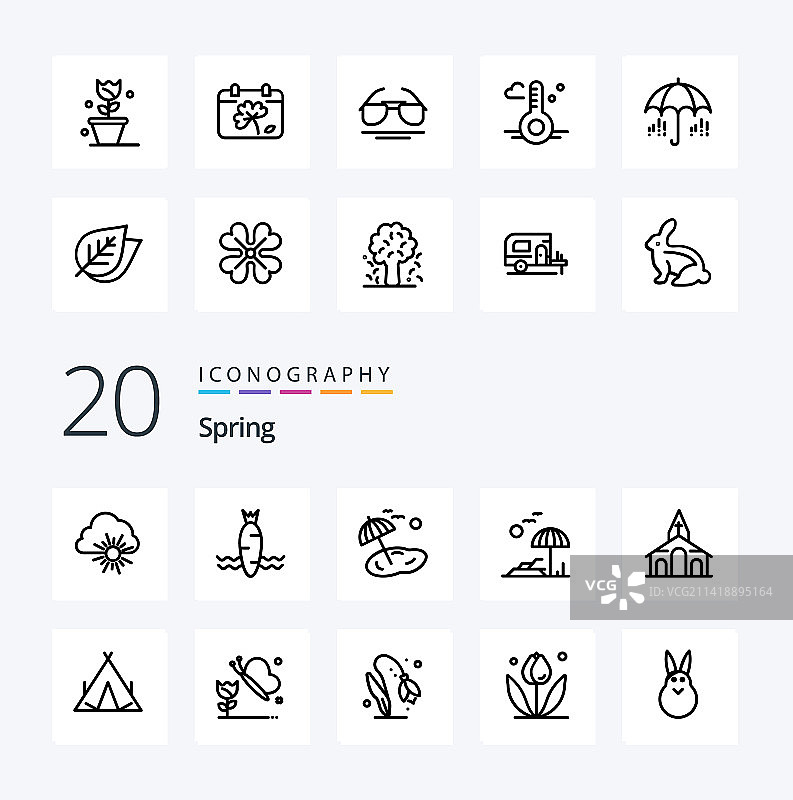 20个春季线性图标包，如帐篷、弹簧、海滩图片素材