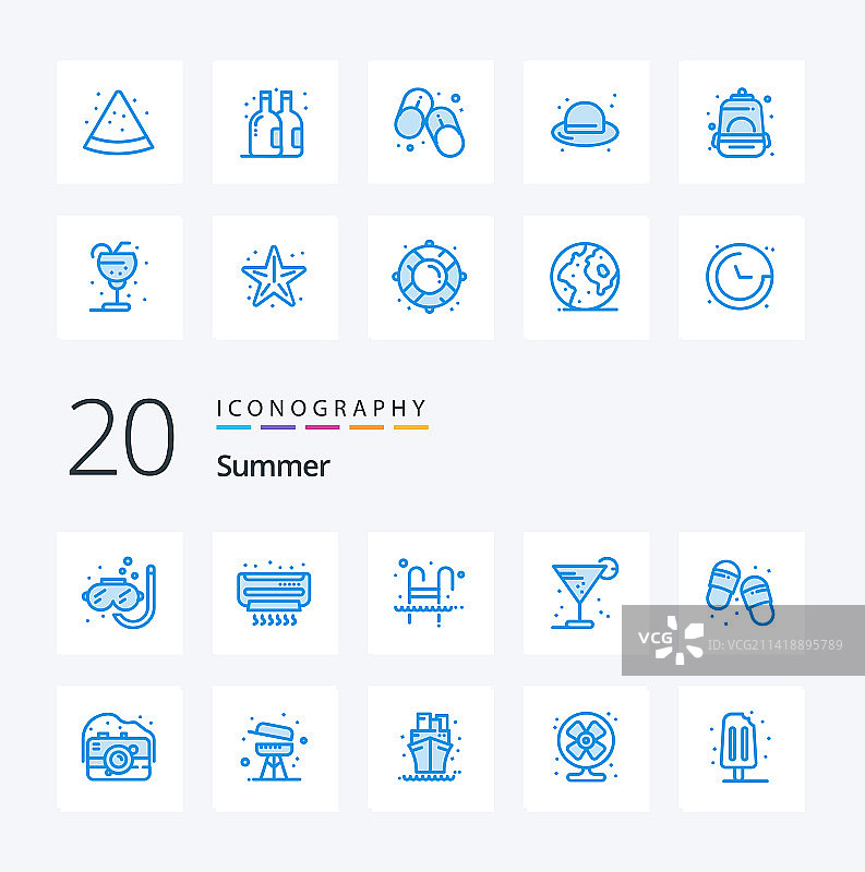 20个夏季蓝色图标包，如瓶子图片素材