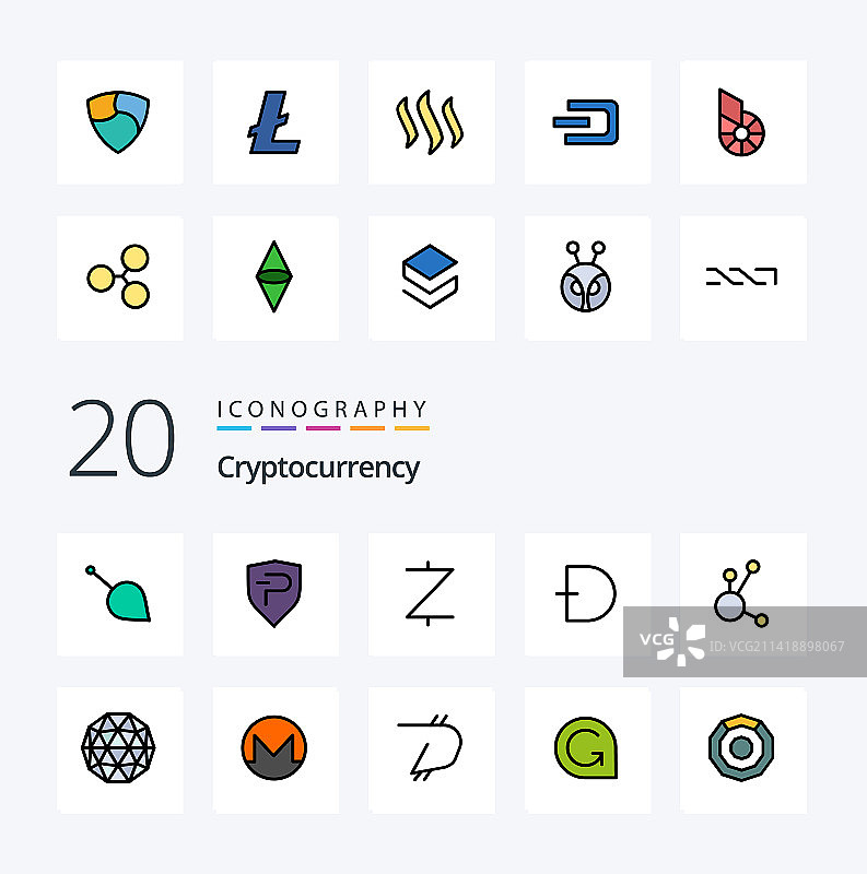 20个加密货币线性填充彩色图标包图片素材