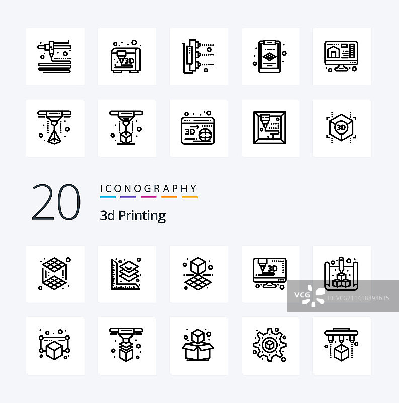 20个3D打印线性图标包，例如3D建模图片素材