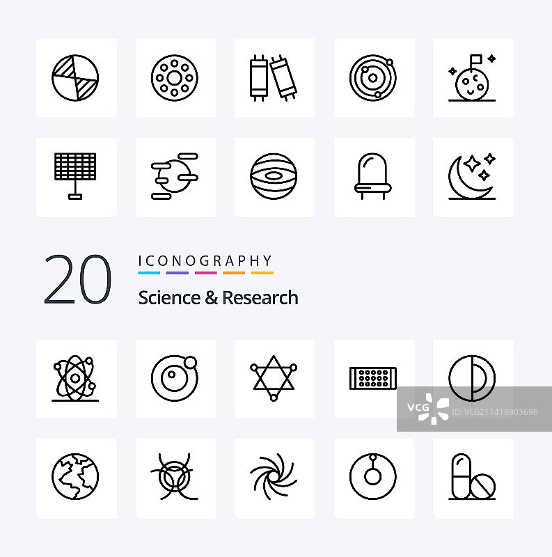 20个科学线性图标包，如行星、太阳、太空等图片素材