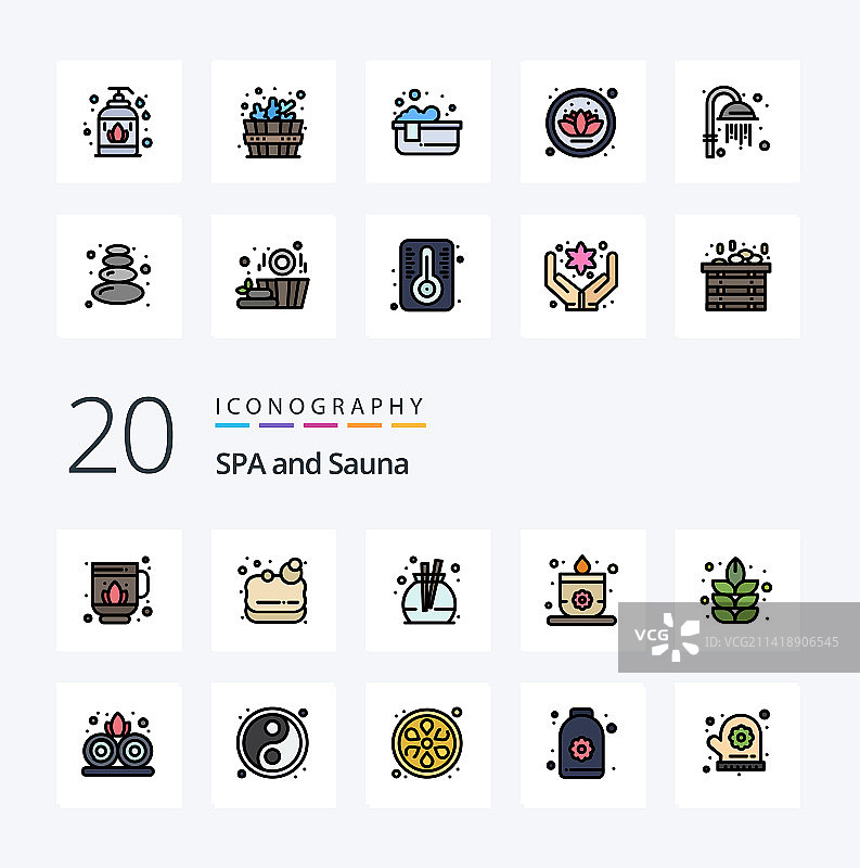 20个桑拿填充线性图标包，如水疗图片素材