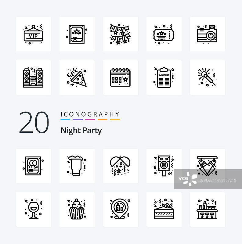 20个夜间派对线性图标包，如迪斯科派对图片素材