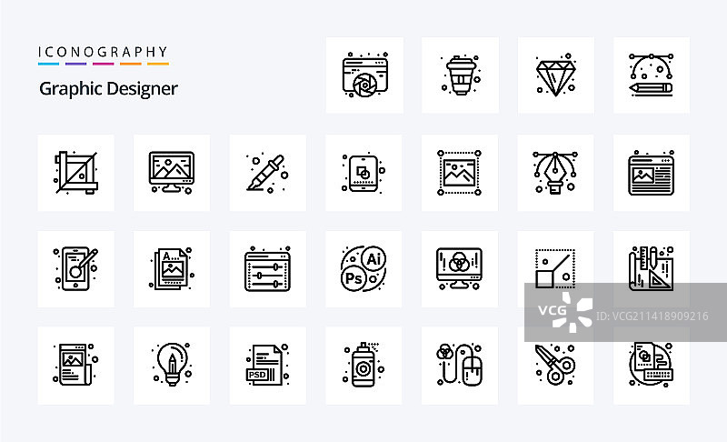 25个平面设计师线性图标包图片素材