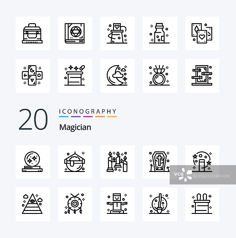 20个魔术师线性图标包，如魔法幽灵罐图片素材