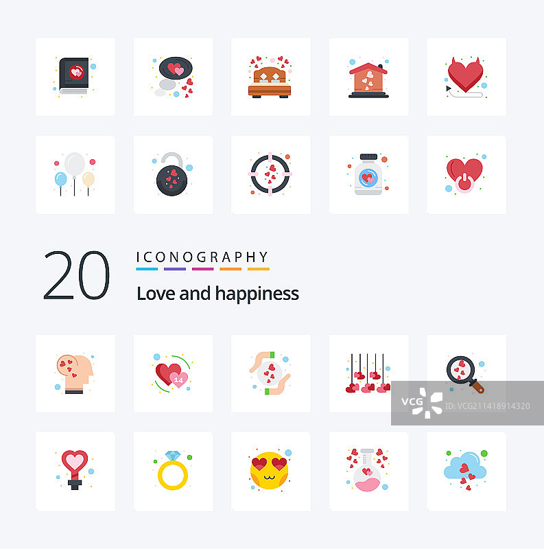 20个爱情主题扁平彩色图标包，如婚礼图片素材
