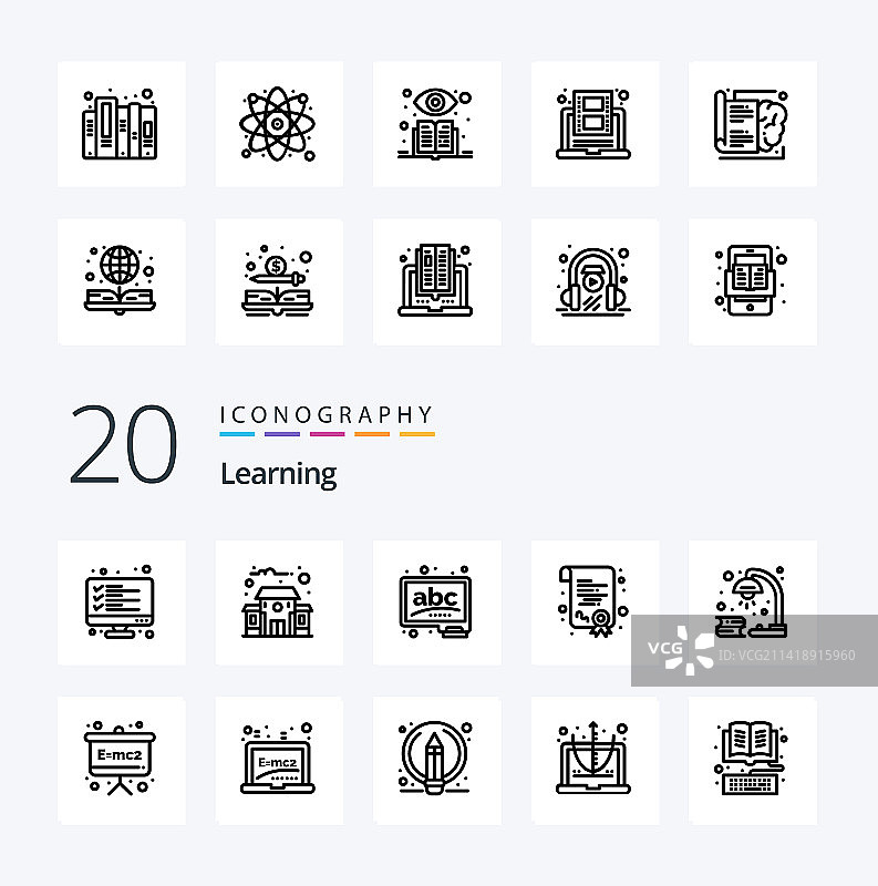 20个学习线性图标合集，如灯、书、ABC图片素材