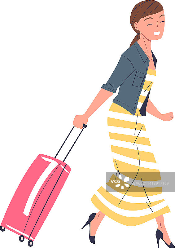 穿长裙拉着行李箱的女子图片素材