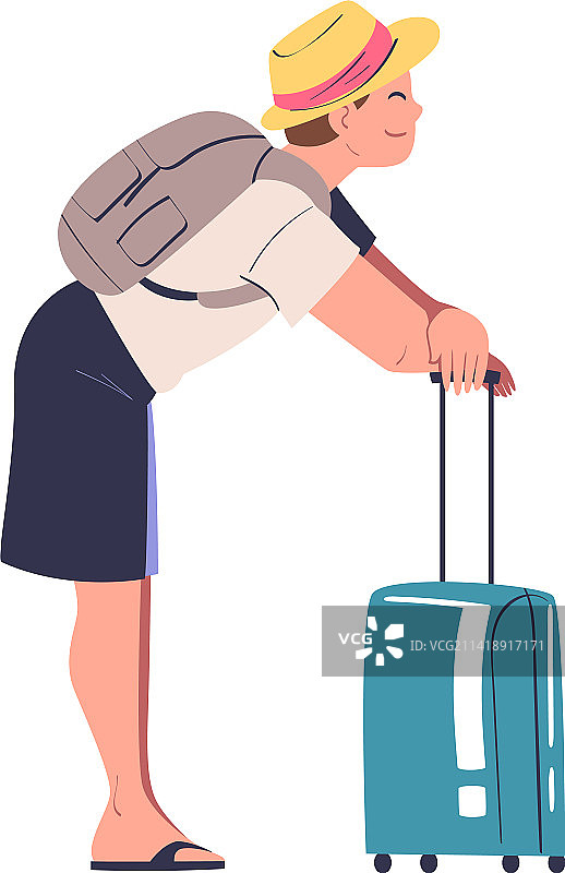 戴帽子拿行李箱的站立人物图片素材