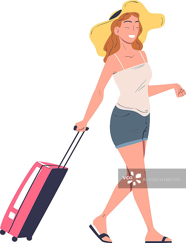 戴着帽子，拿着手提箱旅行的女人图片素材